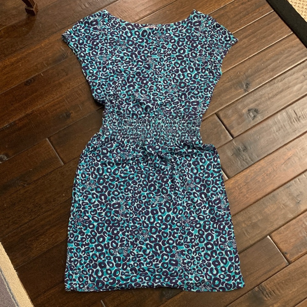 Lilly Pulitzer Teal and Purple Animal Print Dress in rayon and Spandex EUC